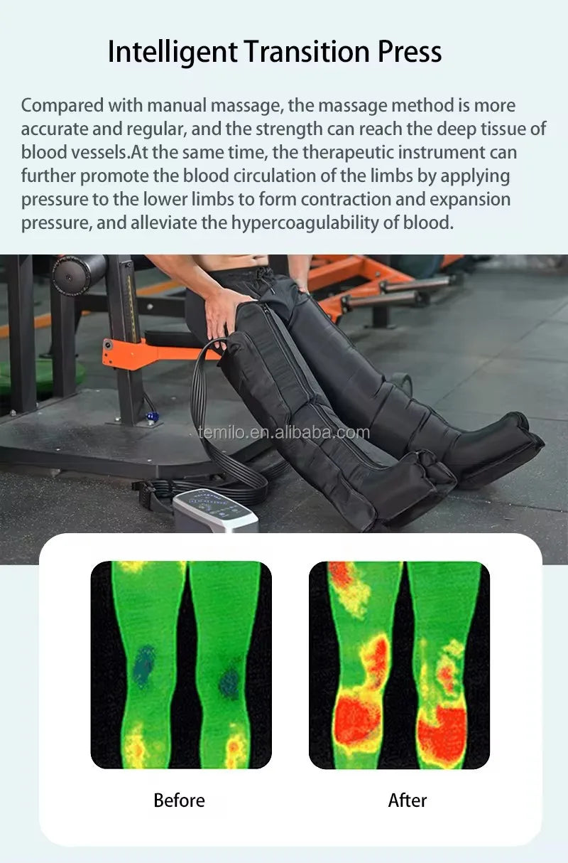 Massage device with text explaining its benefits and before-and-after images of blood circulation.
