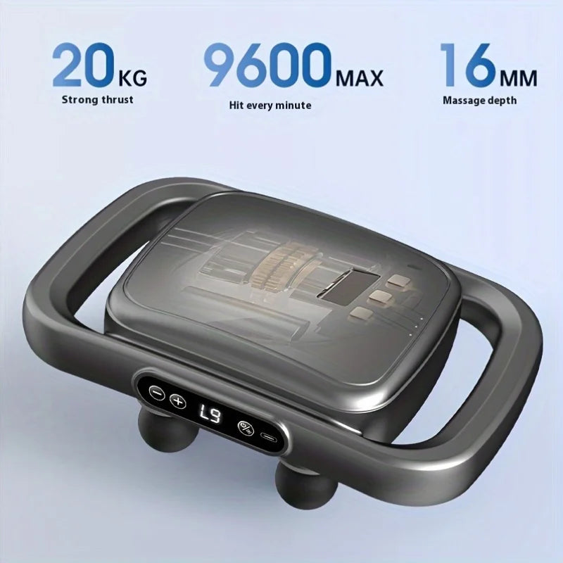 Massage device with specifications on a light blue background