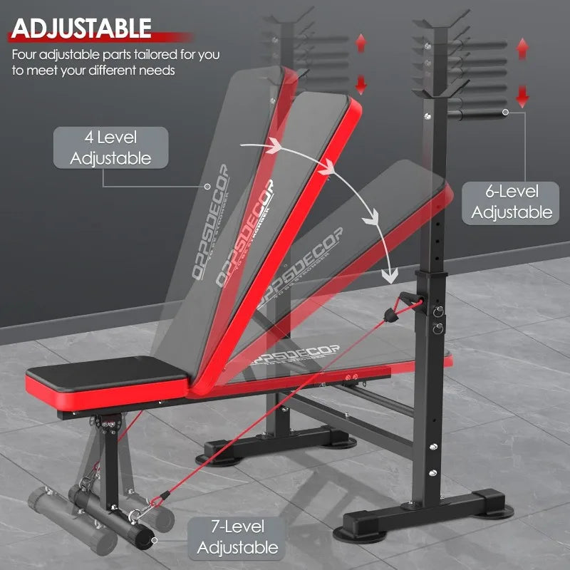 OPPSDECOR 660lbs 6 in 1 Weight Bench Set with Squat Rack Adjustable Workout Bench with Leg Developer Preacher Curl Rack