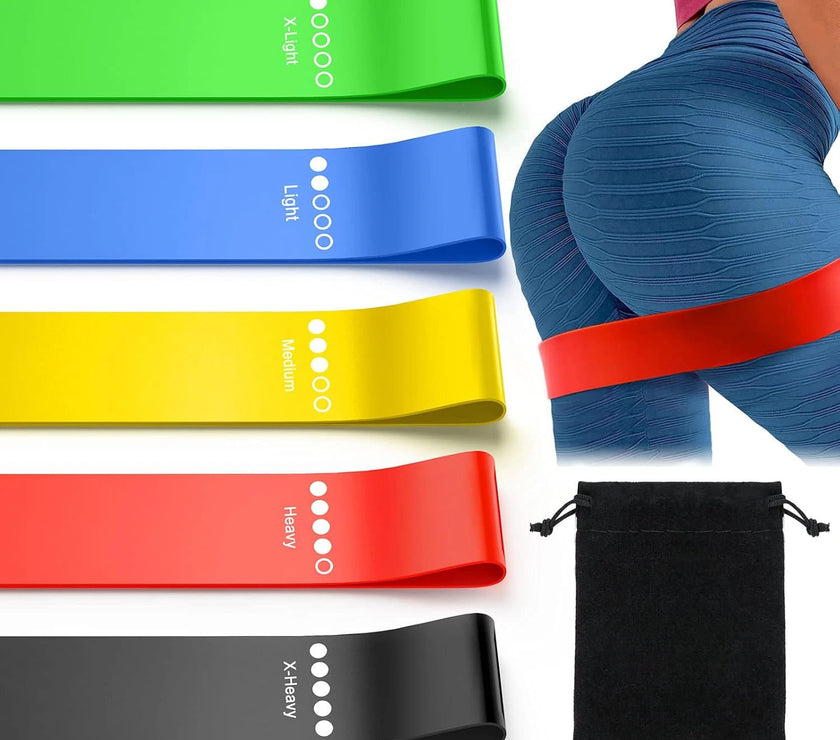 Set of resistance bands in various colors with a person wearing a blue band.
