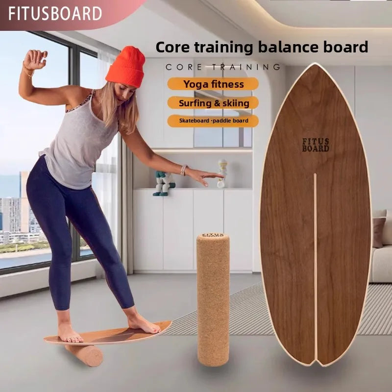 Woman using a core training balance board with FITUS BOARD branding in a modern living room.