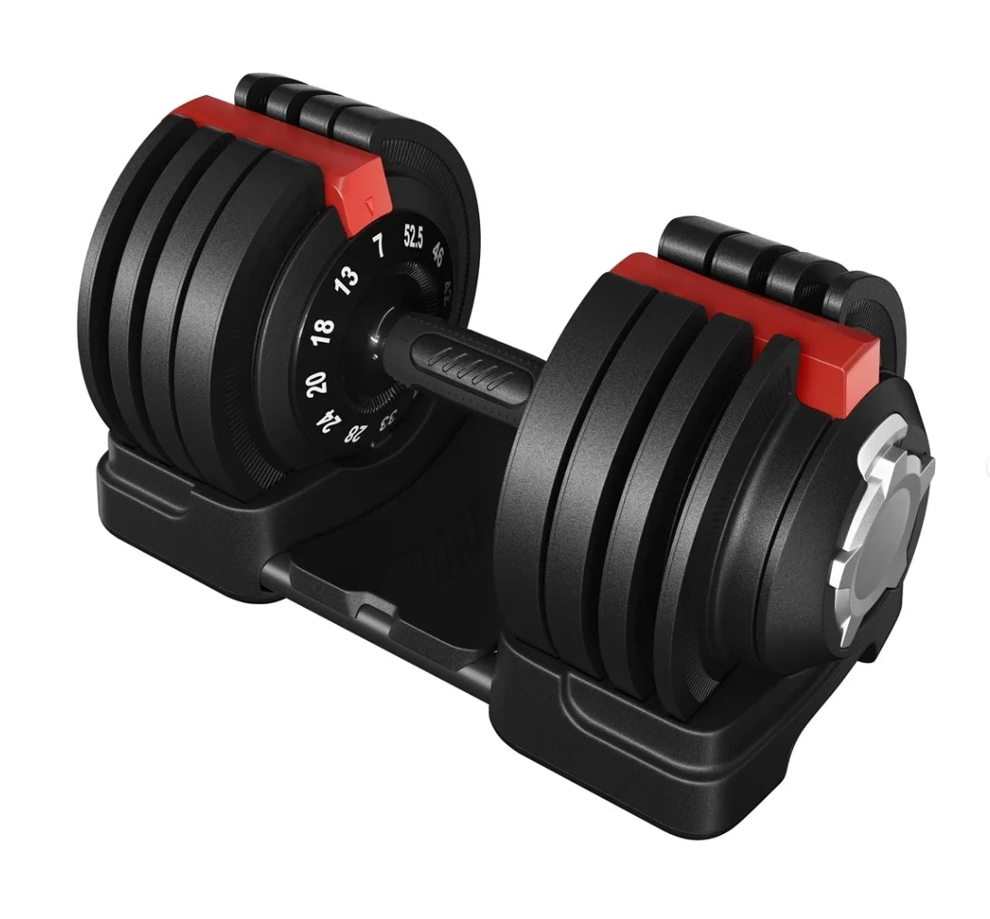 Pair of adjustable dumbbells on a white background