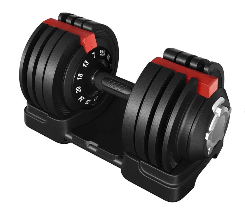 Pair of adjustable dumbbells on a white background
