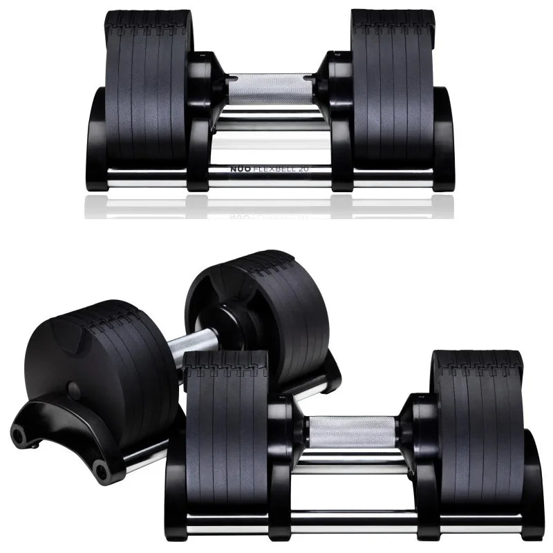 Pair of black adjustable dumbbells on a white background
