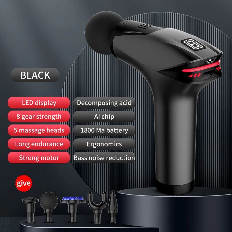Black handheld device with massage heads and feature list on a dark background