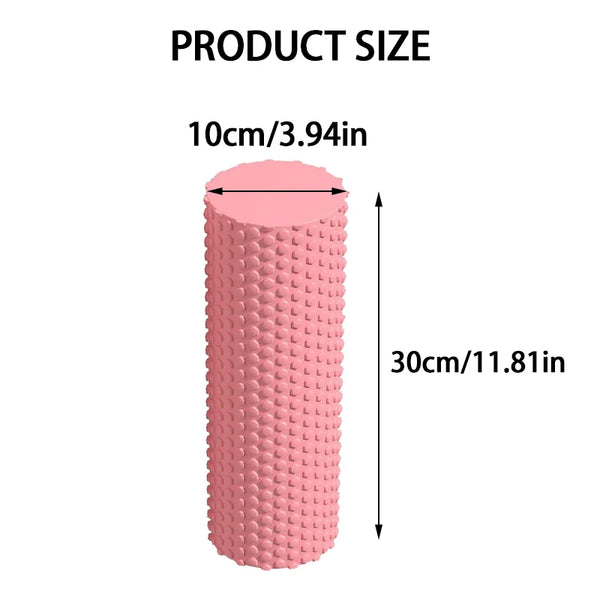 Pink foam roller with measurements on a white background
