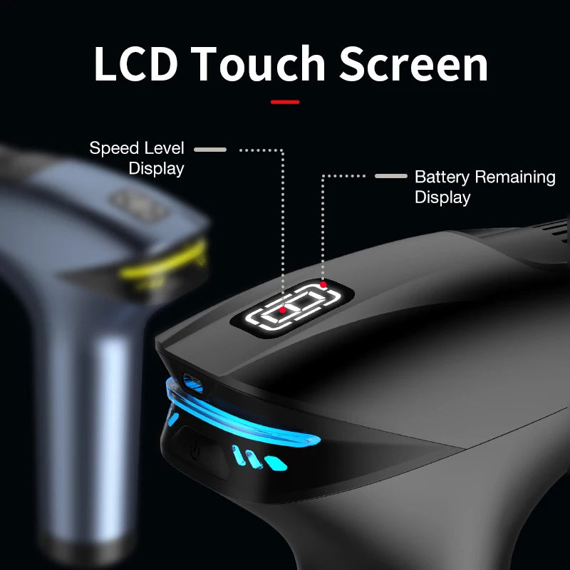 Close-up of a device with an LCD touch screen, speed level display, and battery remaining display.