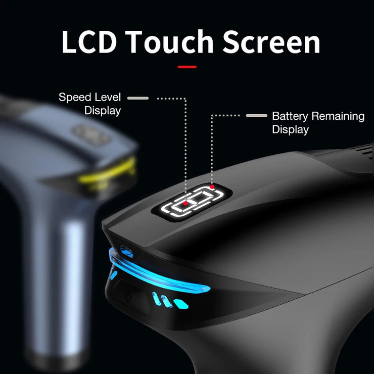 Close-up of a device with an LCD touch screen, speed level display, and battery remaining display.