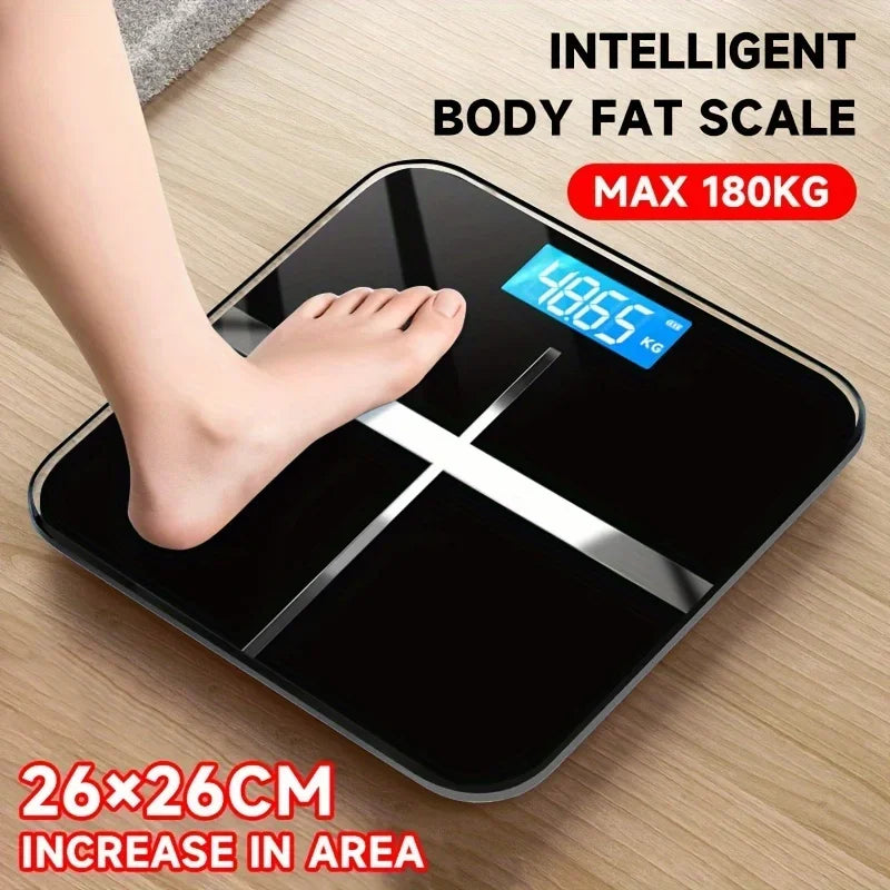 Person stepping on an intelligent body fat scale with digital display on a wooden floor.