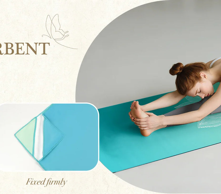 Woman practicing yoga on a green and blue yoga mat with text about mat features.