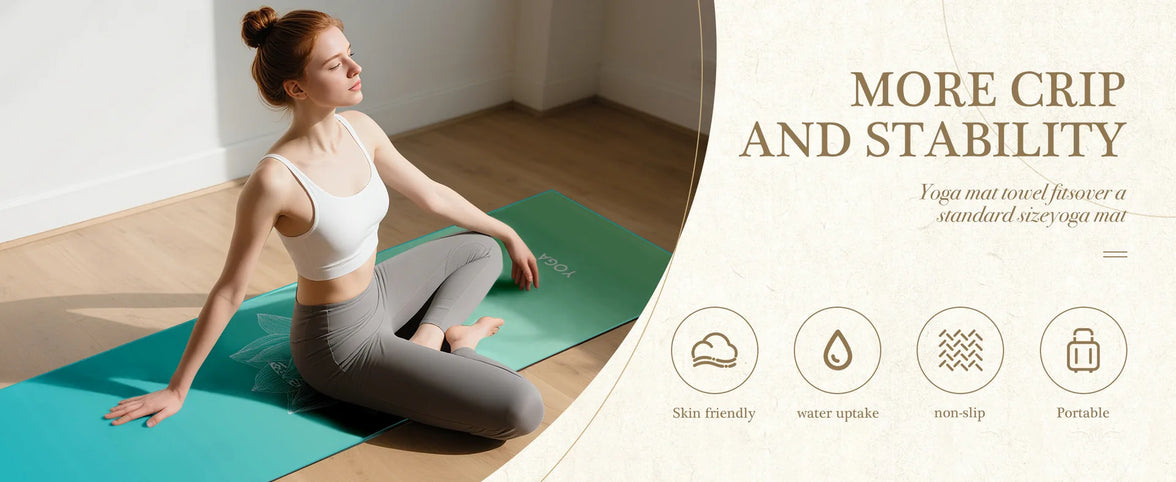 Woman sitting on a yoga mat with product features highlighted on the right