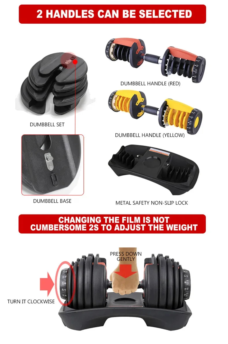 Dumbbell set with adjustable handles and base on a white background