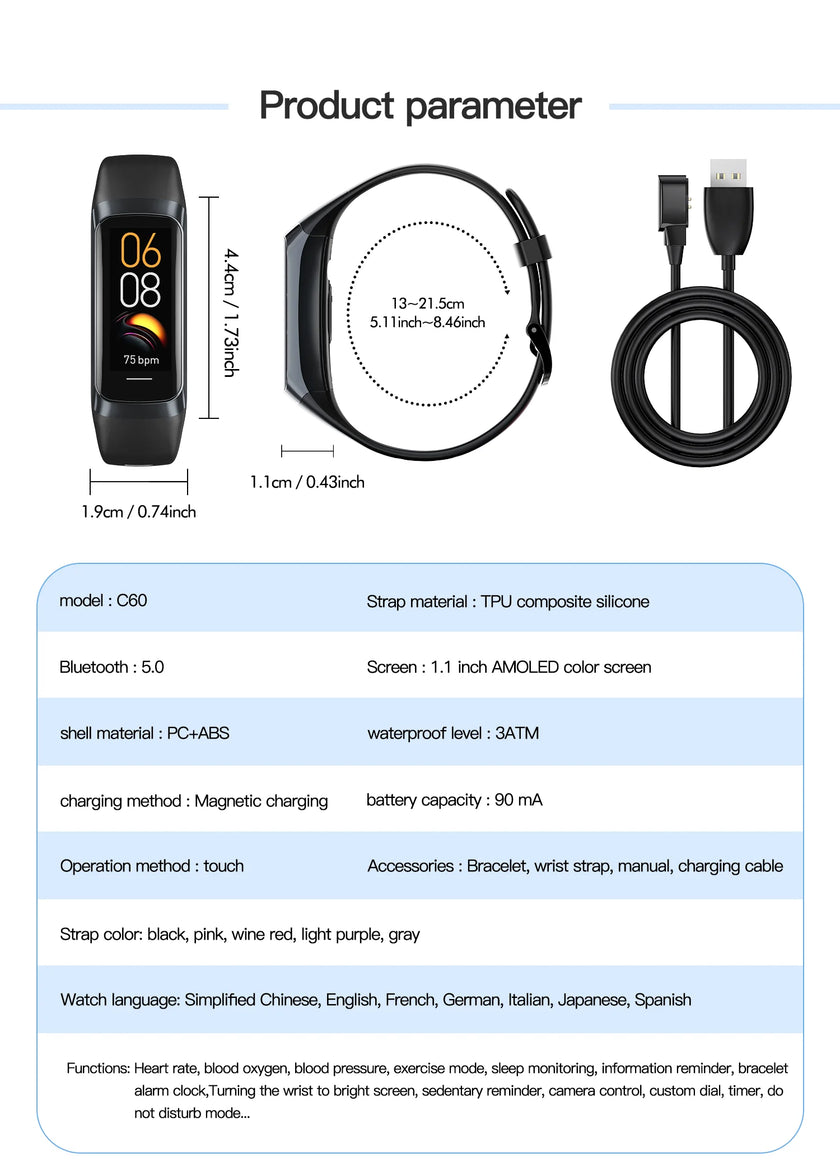Product parameter card with fitness tracker, cable, and charging cable on a white background