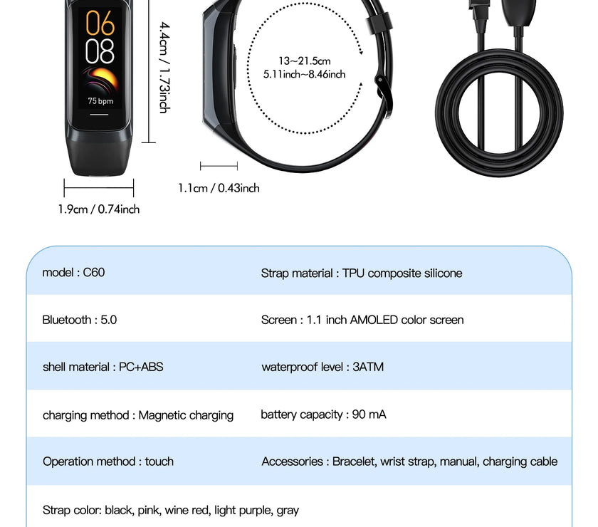 Product parameter card with fitness tracker, cable, and charging cable on a white background