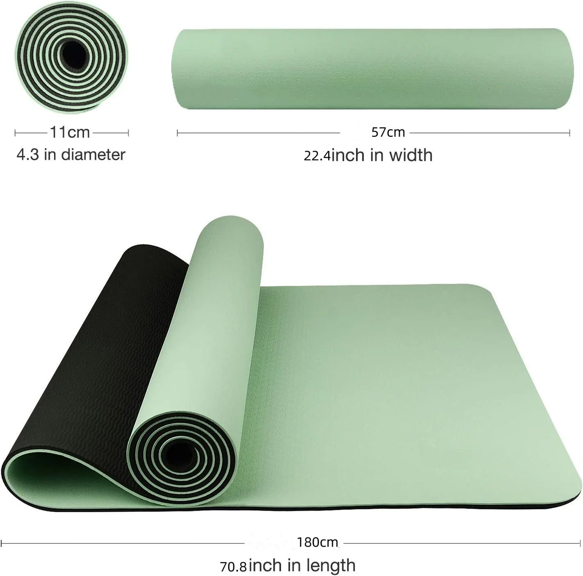 Green yoga mat with dimensions on a white background