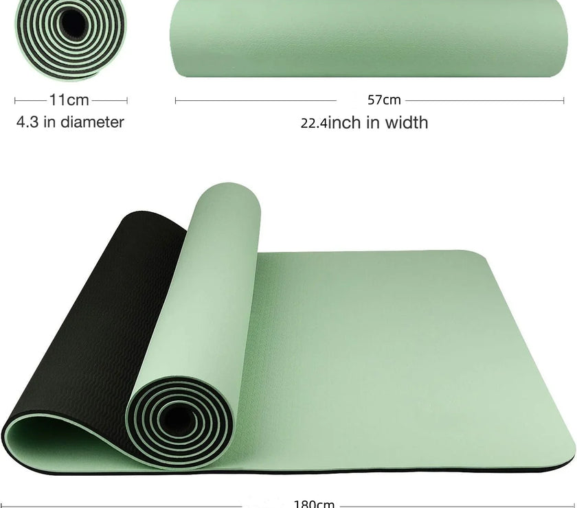 Green yoga mat with dimensions on a white background