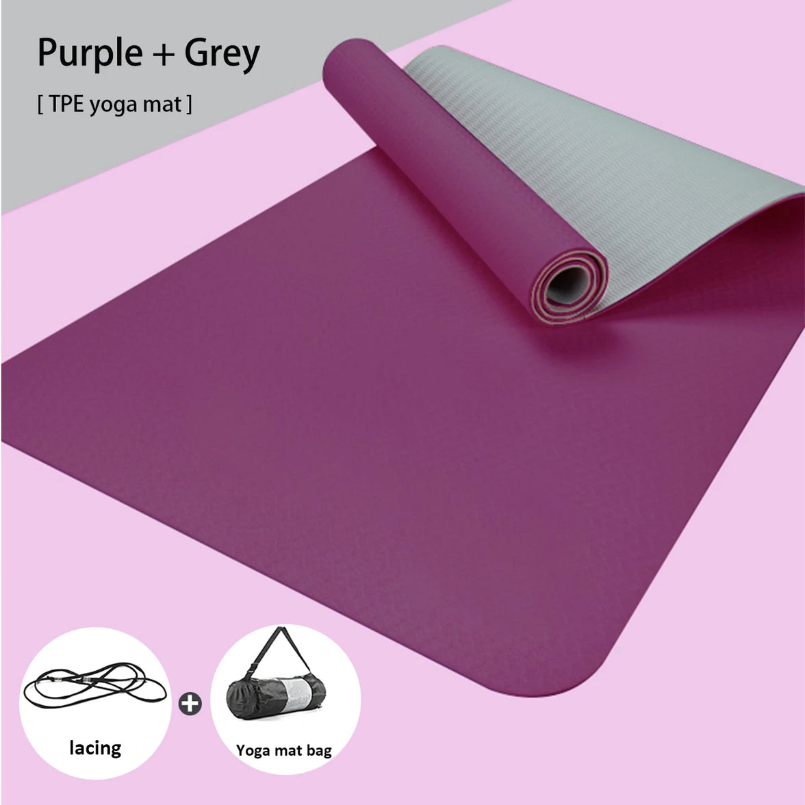 Purple and gray yoga mat with lacing system and yoga mat bag on a pink background