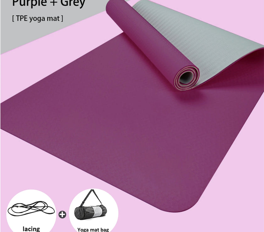 Purple and gray yoga mat with lacing system and yoga mat bag on a pink background
