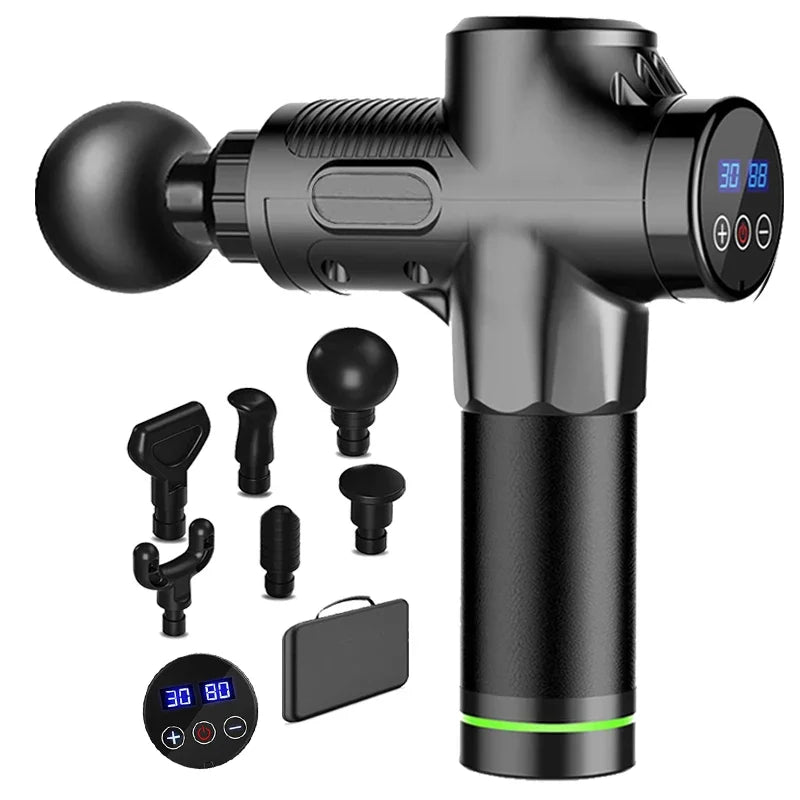 Massage gun with attachments on a white background