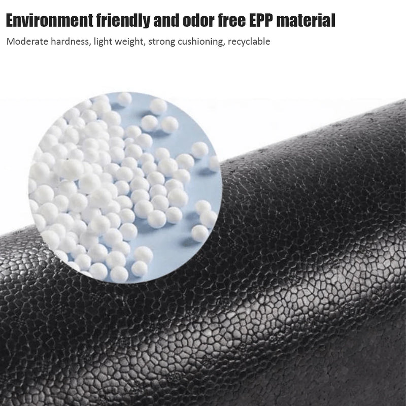 EPP foam material with a close-up of white beads on a black textured surface.