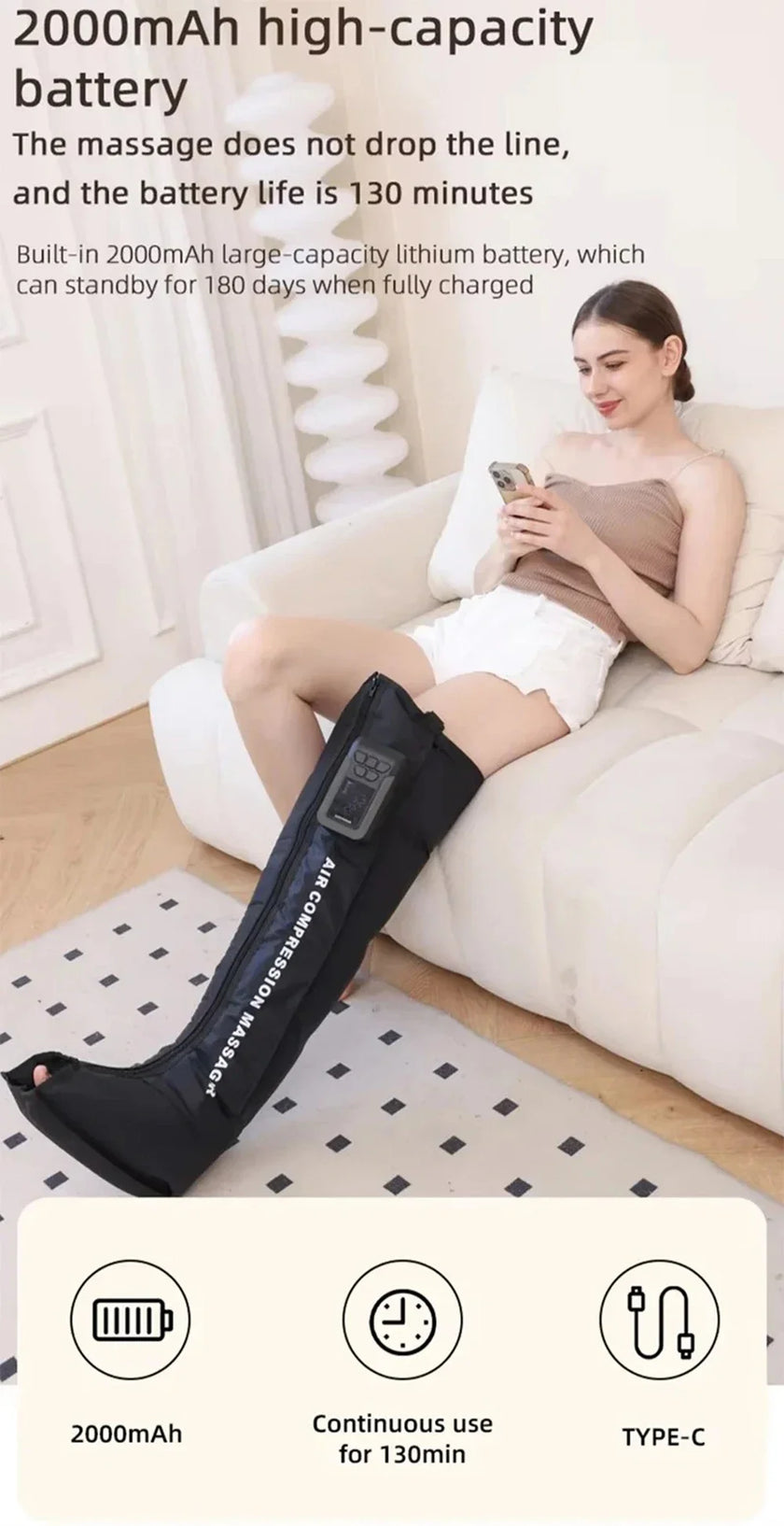 Woman using a device on her leg with product details about battery capacity and charging options.