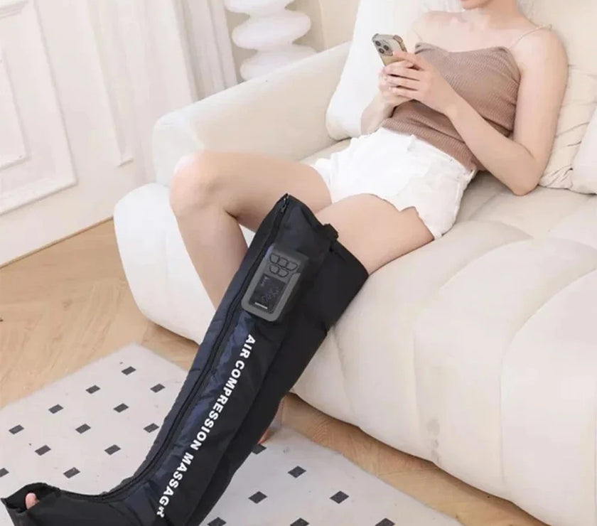 Woman using a device on her leg with product details about battery capacity and charging options.