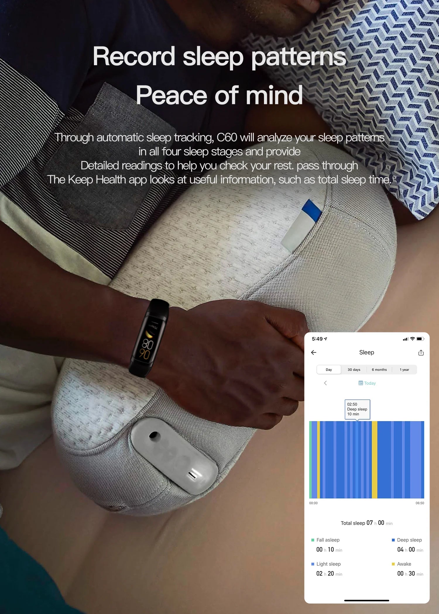 Person using a sleep tracking device with an app displaying sleep patterns on a smartphone.