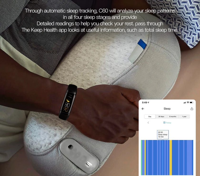 Person using a sleep tracking device with an app displaying sleep patterns on a smartphone.