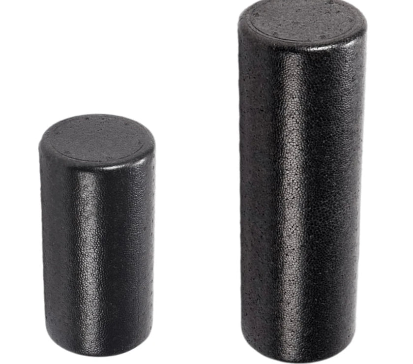 Two black cylindrical objects with measurements on a white background