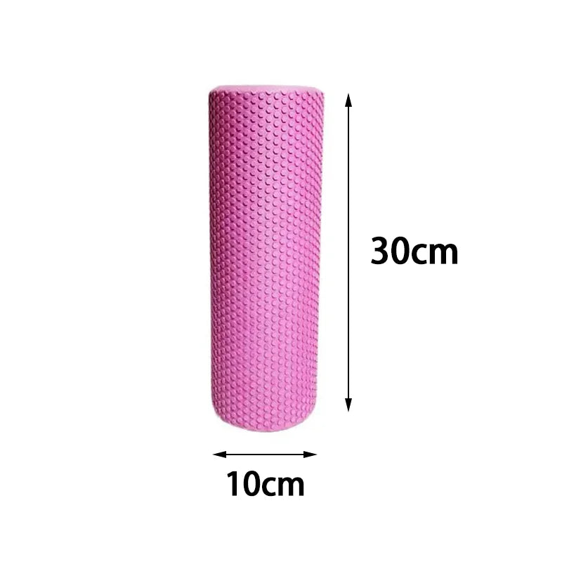 Pink foam roller with dimensions labeled on a white background