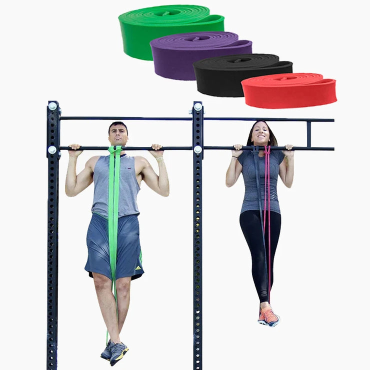 Two individuals using green and pink resistance rubber bands for fitness; the bands are shown in different colors such as green, purple, black, and red.