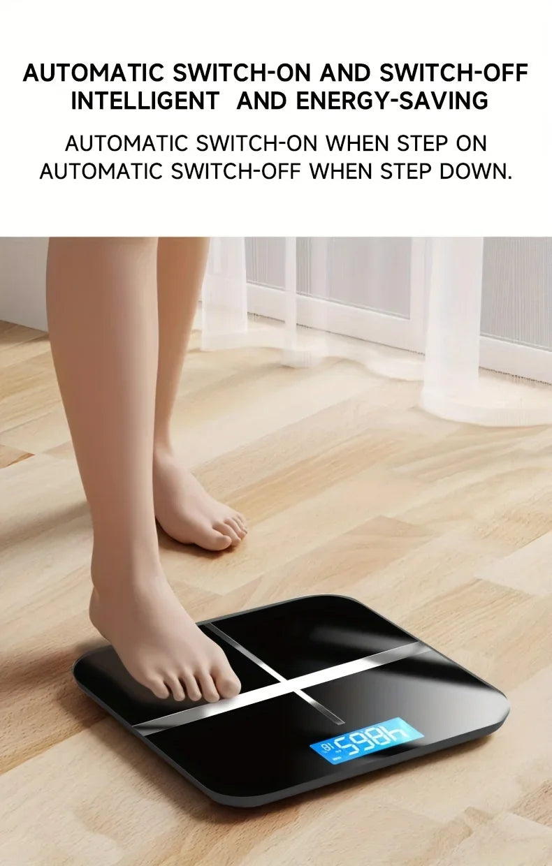 Person stepping onto a digital bathroom scale on a wooden floor.