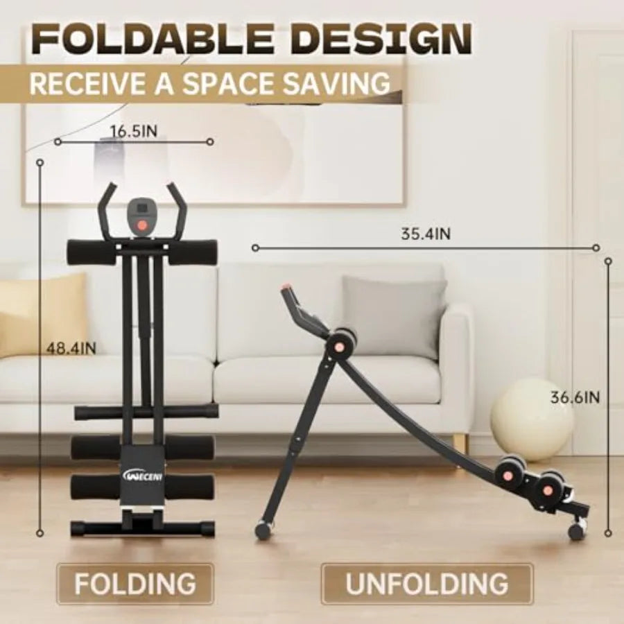 Foldable exercise device with dimensions shown in a living room setting