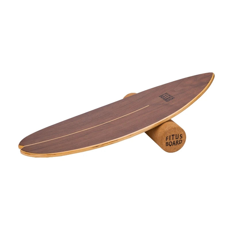 Wooden balance board with 'Fitus Board' branding on a white background