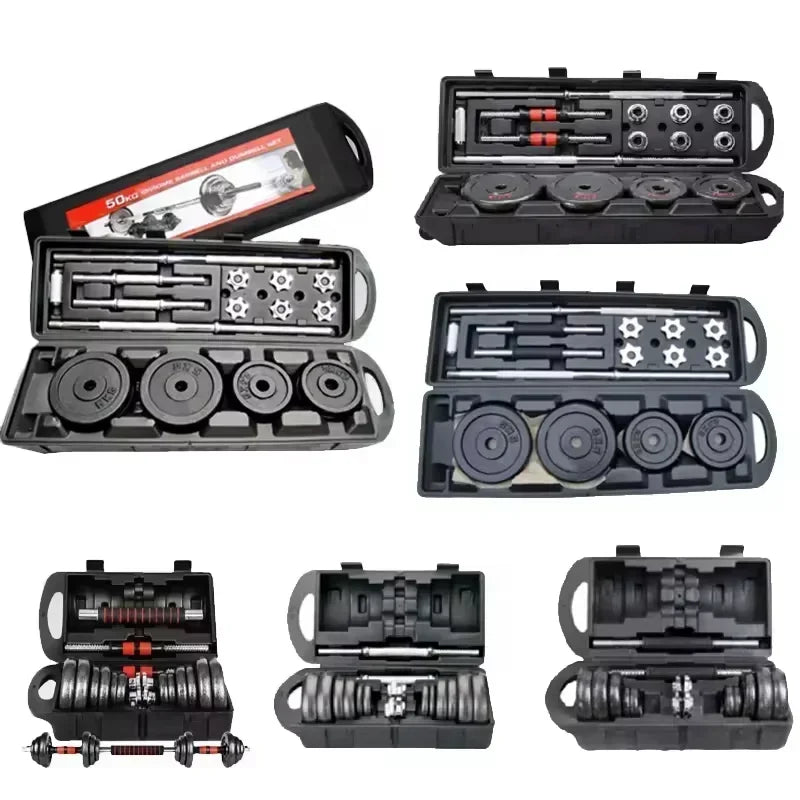 Set of dumbbells and weight plates in black carrying cases on a white background