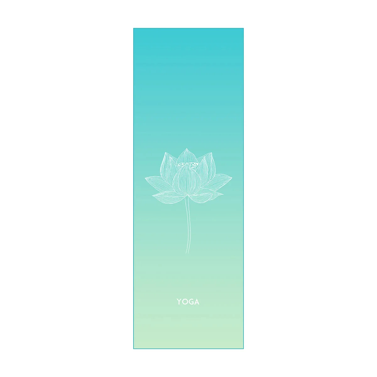 Yoga mat with lotus flower design and 'YOGA' text on a gradient blue to green background