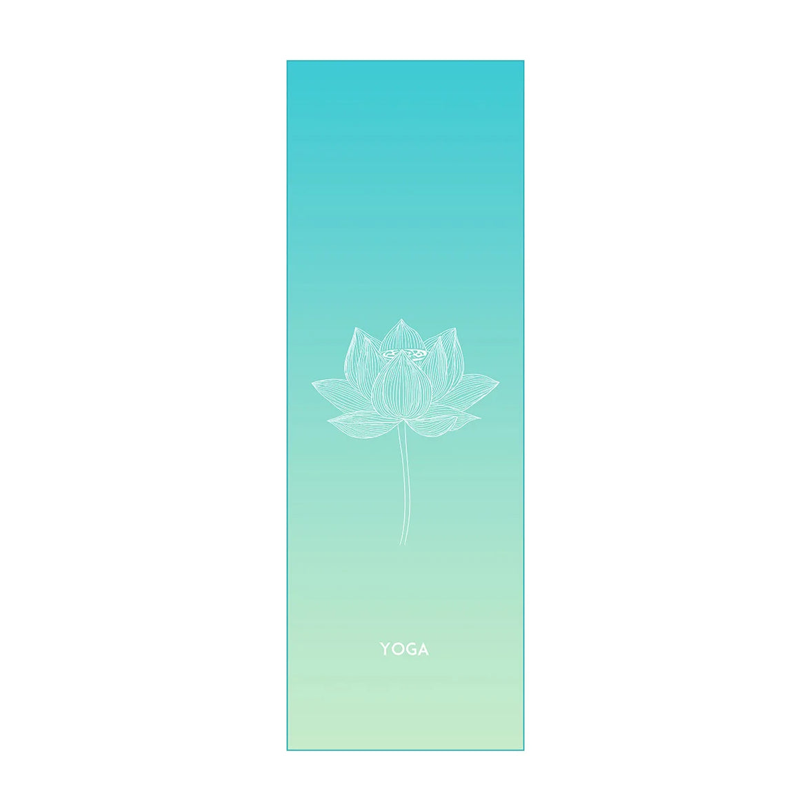 Yoga mat with lotus flower design and 'YOGA' text on a gradient blue to green background