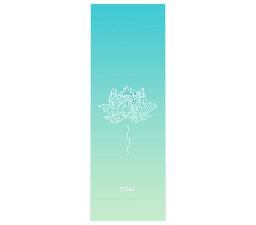 Yoga mat with lotus flower design and 'YOGA' text on a gradient blue to green background