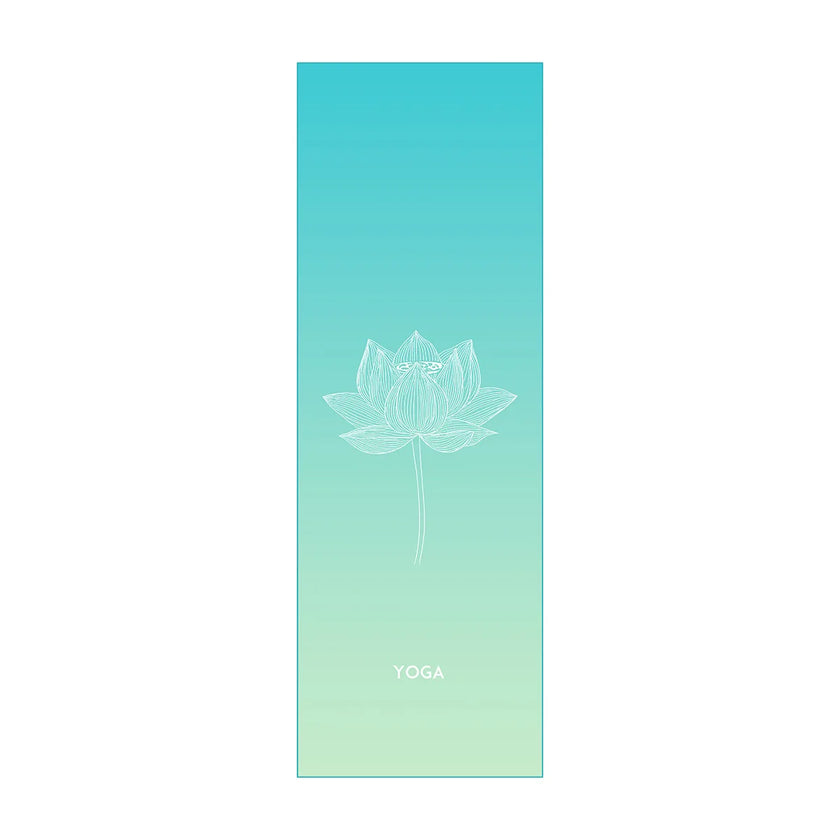 Yoga mat with lotus flower design and 'YOGA' text on a gradient blue to green background