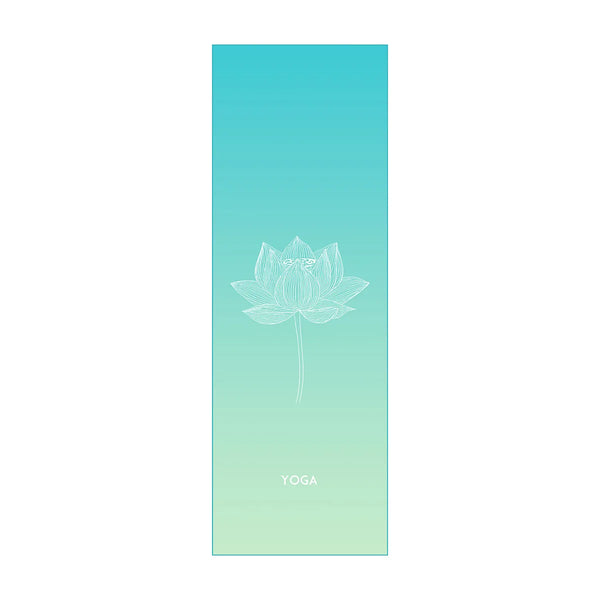 Yoga mat with lotus flower design and 'YOGA' text on a gradient blue to green background
