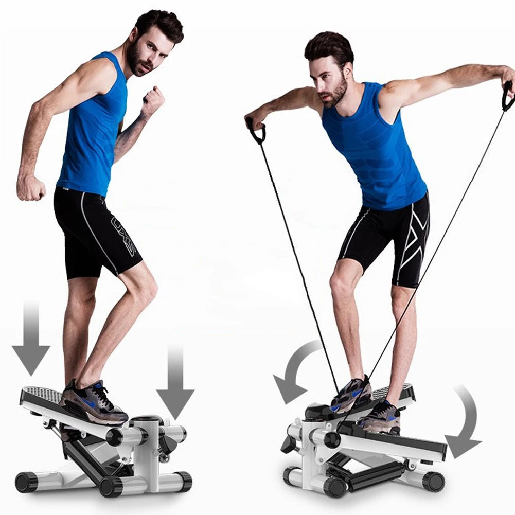 Man using a step machine with resistance bands on a white background