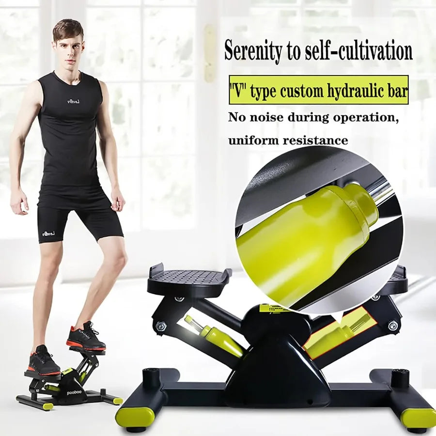 Person using a black and green exercise machine with promotional text about its features.