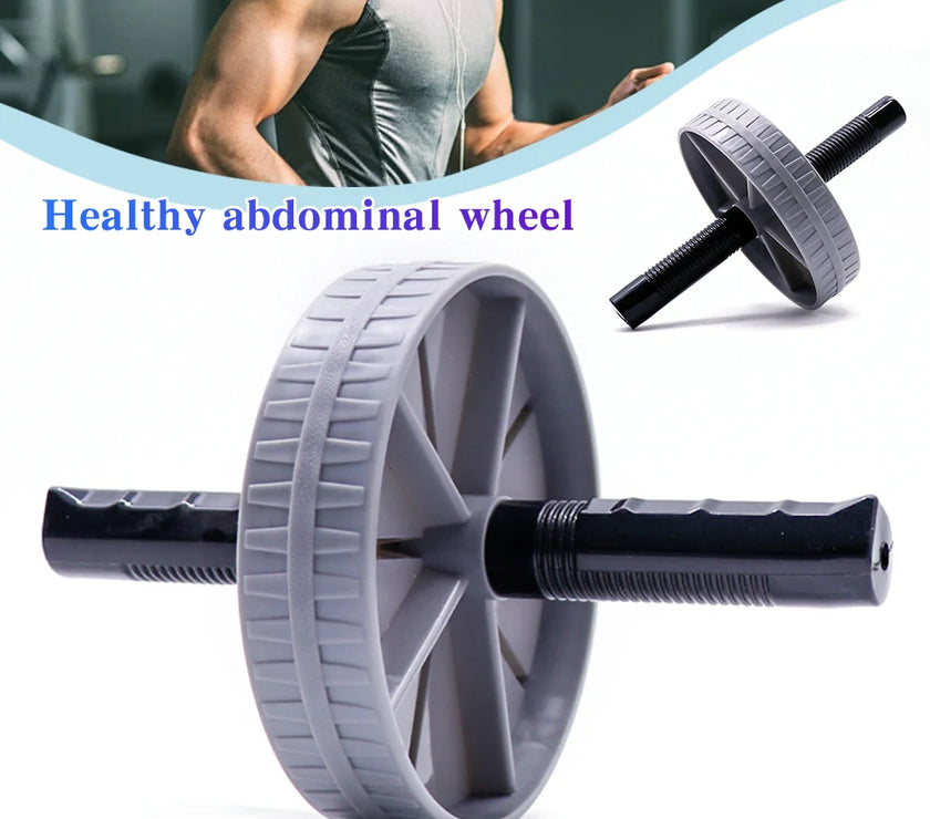 Abdominal wheel with a blurred gym background and text 'Healthy abdominal wheel'.