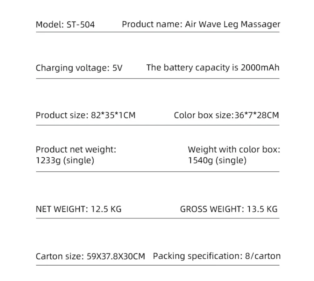 Technical specifications of an Air Wave Leg Massager on a white background