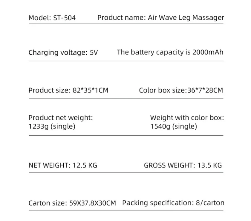 Technical specifications of an Air Wave Leg Massager on a white background