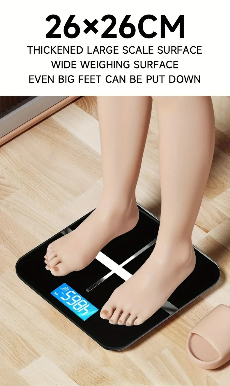 Person standing on a digital scale with text about its size and features.