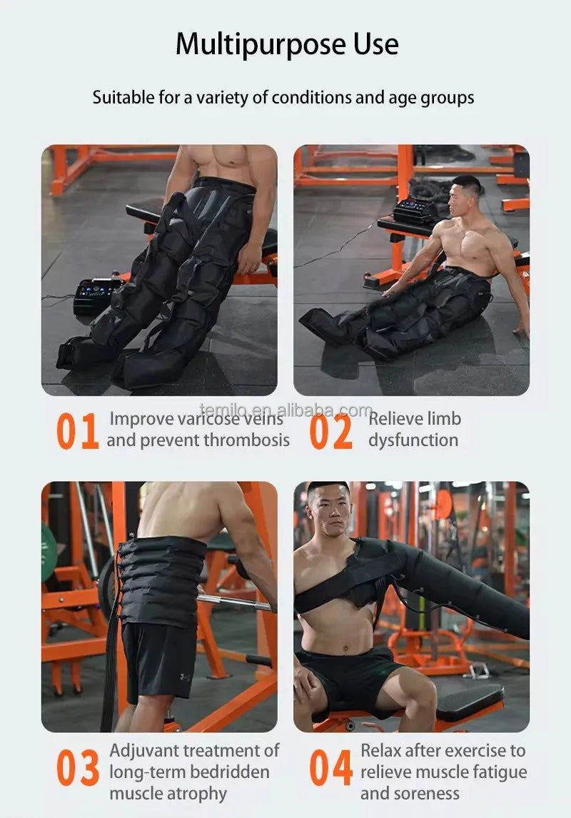 Product advertisement showing a person using a compression garment with text highlighting its benefits.