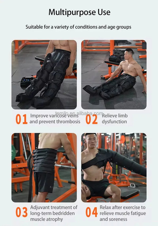 Product advertisement showing a person using a compression garment with text highlighting its benefits.