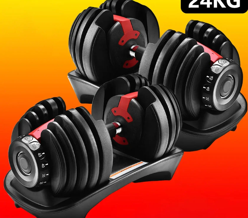 Pair of adjustable dumbbells with a weight indicator on a gradient background