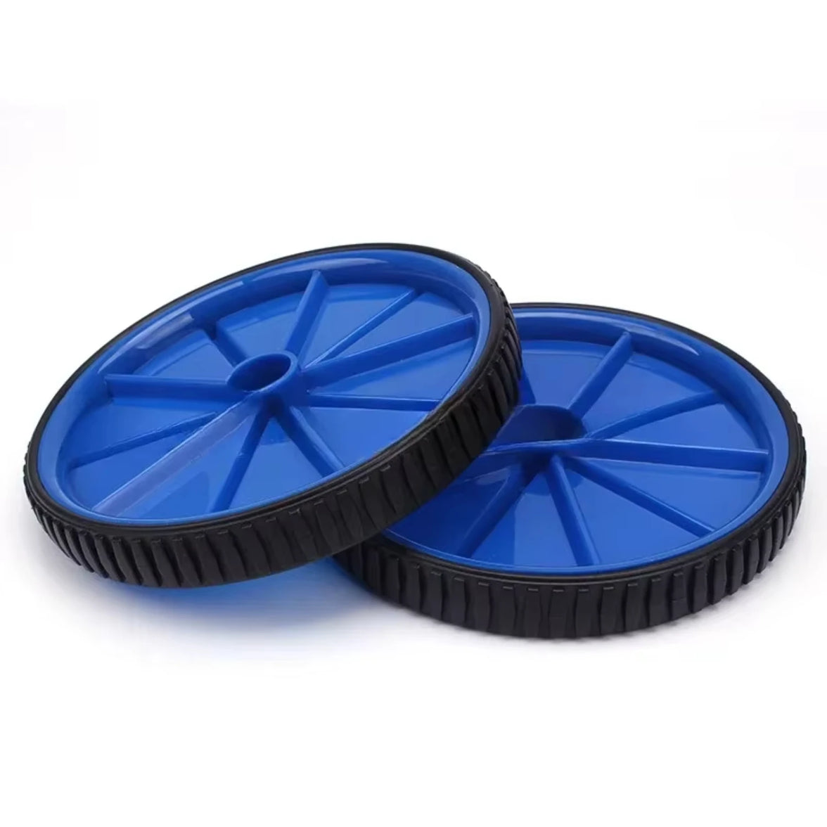 Two blue plastic wheels with black rims on a white background